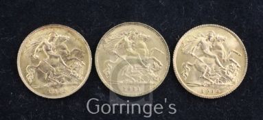 Three George V gold half sovereigns, 1911, VF, 1912 and 1914, both EF