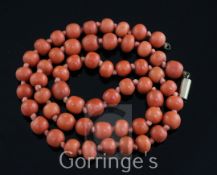 A single strand coral bead necklace, gross weight, 54 grams, clasp a.f. 20 in.