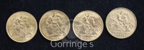 Four George V gold half sovereigns, two 1911, EF and VF, 1913, EF and 1915