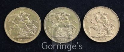 An Edward VII gold sovereign, 1906, good VF and two George V gold sovereigns, 1912 and 1913, both EF