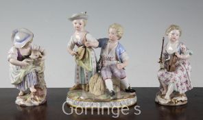 Two Meissen figures and a similar group, 19th century, the group modelled as a girl playing a