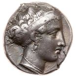Campania, Neapolis. Silver Nomos (7.53 g), ca. 350-325 BC. Head of nymph right wearing triple