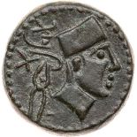 Iberia, Malaca.  (6.88 g), early 1st century BC. 'MLK' behind, head of Vulcan right, wearing cap;