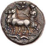 Sicily, Messana. Silver Tetradrachm (17.05 g), ca. 412-408 BC Choice VF. The nymph Messana driving