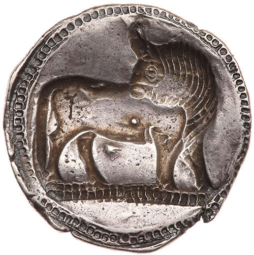 Lucania, Sybaris. Silver Nomos (7.98 g), ca. 550-510 BC Choice VF. VM in exergue, bull standing - Image 2 of 2