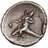 Calabria, Taras. Silver Nomos (6.19 g), ca. 280-272 BC Choice VF. Zo, Apollo. Warrior on horseback