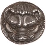 Bruttium, Rhegion. Silver Drachm (4.18 g), ca. 415/0-387 BC EF. Facing lion head. Reverse: ,