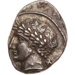 Etruria, Populonia. Silver 10 Asses (3.88 g), ca. 300-250 BC EF. Laureate head of Aplu left; behind,