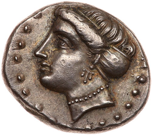 Paphlagonia, Sinope. Silver Drachm (4.96 g), ca. 330-300 BC EF. Agreos, magistrate. Head of nymph