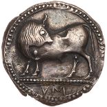 Lucania, Sybaris. Silver Nomos (7.98 g), ca. 550-510 BC Choice VF. VM in exergue, bull standing