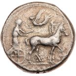 Sicily, Himera. Silver Tetradrachm (17.18 g), ca. 440-425 BC VF. Charioteer, holding kentron and