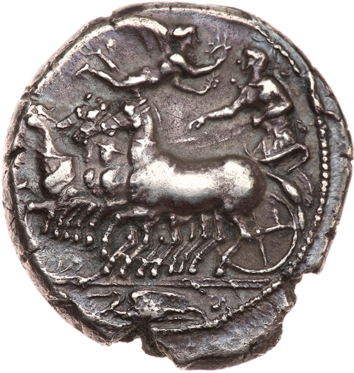 Sicily, Kamarina. Silver Tetradrachm (16.92 g), ca. 425-405 BC Choice VF. Athena driving galloping
