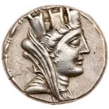 Syria, Laodikeia. Silver Tetradrachm (15.12g), ca. 84 BC EF. Turreted and veiled bust of Tyche.