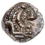 Philistia, Gaza. Silver Ma'ah Obol (0.62 g), 5th-4th centuries BC Superb EF. Forepart of lion with