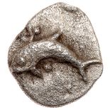 Islands off Thrace, Thasos. Silver Hemiobol (0.32 g), ca. 500-480 BC EF. Dolphin left; pellets above