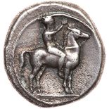 Calabria, Taras. Silver Nomos (7.51 g), ca. 385-340 BC Choice VF. 385-380 BC. Nude ephebe on horse