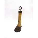 GREAT WAR - A BRASS MOUNTED HORSE LEG  used as a door stop with large ring handle, 53cm high