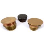 GREAT WAR - A COLLECTION OF THREE MINIATURE BRASS AND COPPER TRENCH ART PEAKED CAPS  the largest,