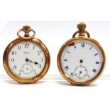 A WALTHAM OPEN FACED GILT METAL POCKET WATCH with another similar unsigned pocket watch