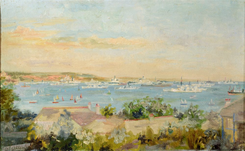 A.L. ALLEN (BRITISH, EARLY 20TH CENTURY) A Naval Fleet at Anchor, probably Falmouth, oil onboard, - Image 2 of 2
