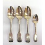 A SET OF THREE EXETER SILVER WILLIAM IV FIDDLE PATTERN DESSERT SPOONS with a single teaspoon,