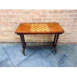 A VICTORIAN RECTANGULAR GAMES TABLE the top with inlaid chess board, the four bobbin supports joined