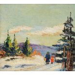 J.M. GILMOUR (20TH CENTURY) 'Quebec Miniature', oil on board, signed with initials lower right,