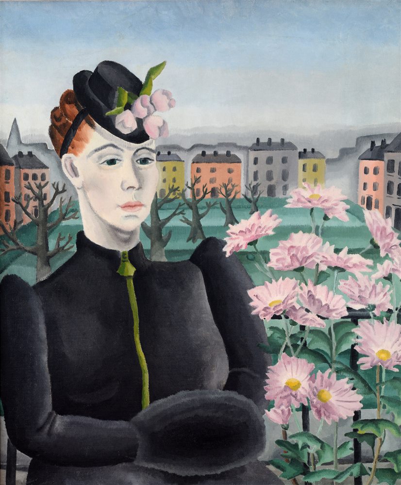 IRISH SCHOOL (20TH CENTURY) Lady with Pink Flowers Before a City Square, oil on canvas, unsigned,