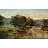 WILLIAM FREDERICK HULK (BRITISH, 1852-1906) Cattle Watering Below a Weir, oil on canvas, signed