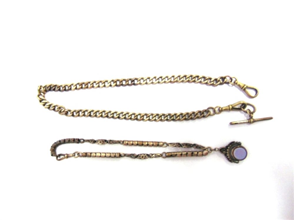 A SILVER WATCH CHAIN of solid uniform curb links, 46.5cm long, 70g gross; with a fancy link chain