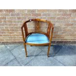 AN EDWARDIAN MAHOGANY TUB ARMCHAIR with line inlaid and parquetry decoration, 54cm wide 46.5cm