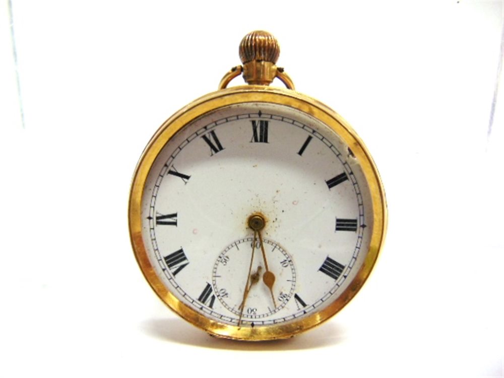 AN 18 CARAT GOLD OPEN FACED POCKET WATCH gilt metal cuvette, 90g gross inclusive of movement