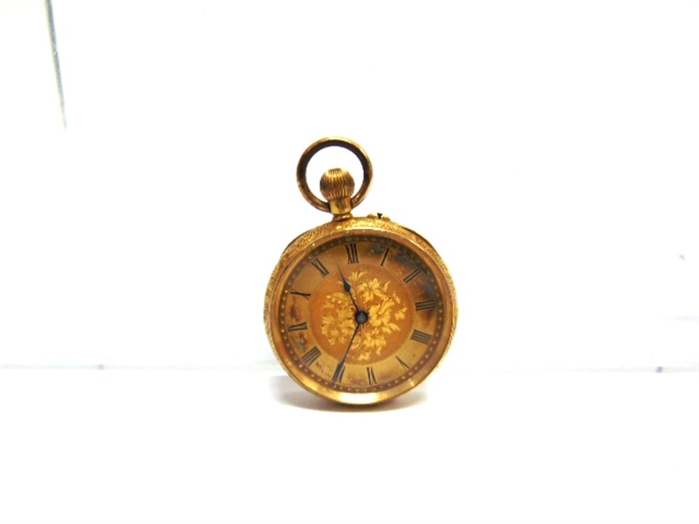 A FOB WATCH stamped '18k' with a gilt metal cuvette, sign J.W. Benson, housing a bar movement with