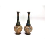 A PAIR OF DOULTON SLATERS PATENT STONEWARE VASES, impressed, incised and painted marks to base, 30cm