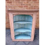 A VICTORIAN PINE HANGING CORNER CABINET with duck egg blue painted interior and two shaped