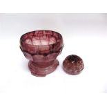 A LARGE MARBLED AMETHYST GLASS BOWL ON STAND with internal flower holder, 23cm diameter, 20cm high
