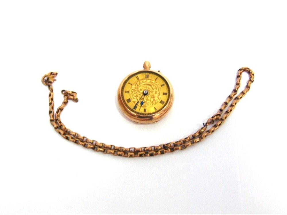 A 9 CARAT GOLD FOB WATCH gilt metal cuvette; and a part chain