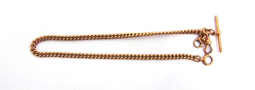 A 9 CARAT GOLD WATCH CHAIN of uniform solid curb links, with a T bar, swivel and bolt ring, 37.5cm