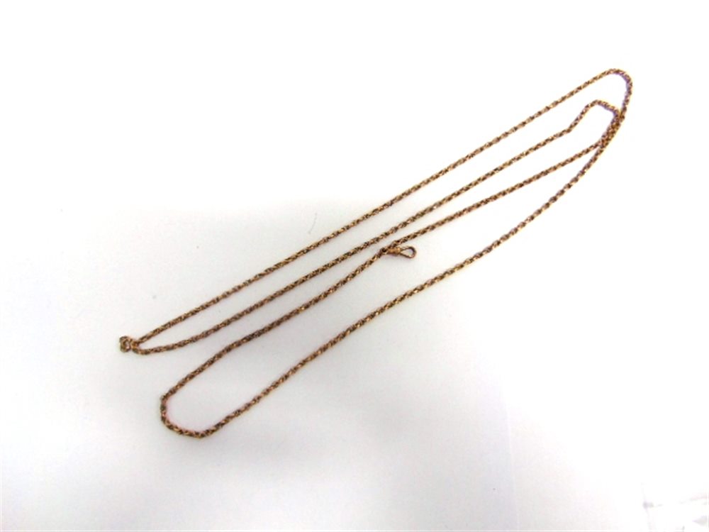 A LONG CHAIN tagged '9c', of fancy links, 145cm long, 35g gross