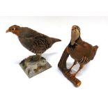 TWO PARTRIDGES one perched on a branch with bracket for wall hanging, the other on a square