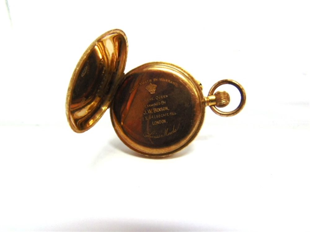 A FOB WATCH stamped '18k' with a gilt metal cuvette, sign J.W. Benson, housing a bar movement with - Image 2 of 2