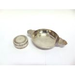 A FRENCH SILVER TWO HANDLED PORRINGER TYPE BOWL 20.5cm across; with a French circular box with