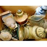 ASSORTED LAMPS & LAMP PARTS comprising three coach lamps of varying styles; and copper and brass oil