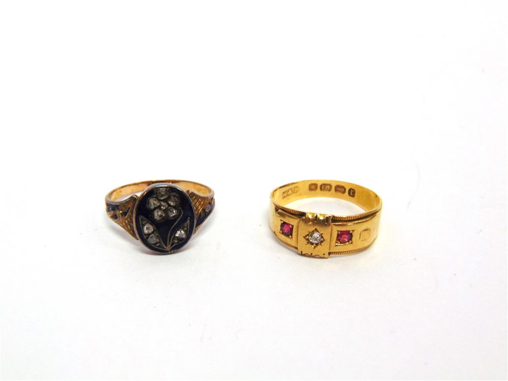A LATE VICTORIAN MOURNING RING the oval head with a rose diamond forget me not to a blue enamel