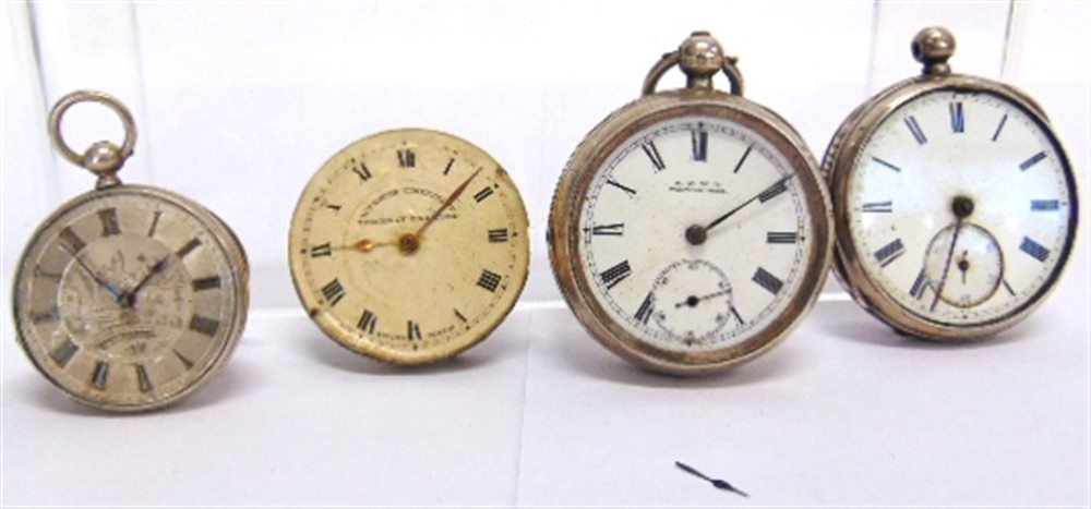 A SILVER OPEN FACED POCKET WATCH another similar; a fob watch with an engraved scene to the dial;