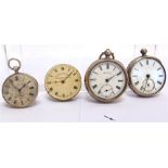 A SILVER OPEN FACED POCKET WATCH another similar; a fob watch with an engraved scene to the dial;