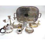 A COLLECTION OF PLATED WARE including a two handled tray; a three light candelabra; a teapot; a