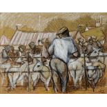 OLGA MIKSCHE (20TH CENTURY) 'The Sheep Fair (Priddy)', pastel, signed with initials lower right,