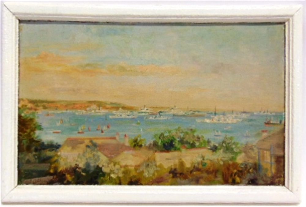 A.L. ALLEN (BRITISH, EARLY 20TH CENTURY) A Naval Fleet at Anchor, probably Falmouth, oil onboard,