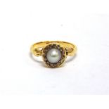 A LATE VICTORIAN BLISTER PEARL AND DIAMOND RING the 5.5mm pearl (untested and warranted) enclosed by